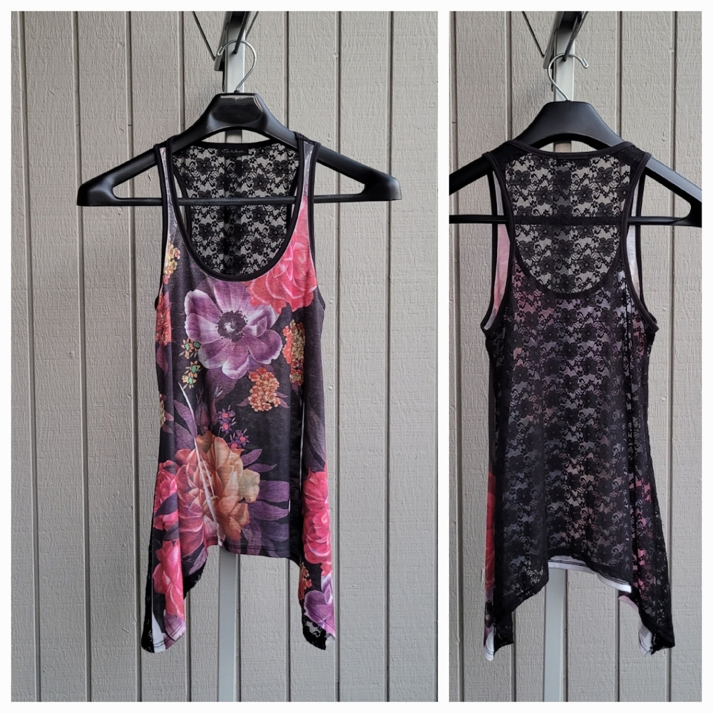 Floral Black Lace Back Women's Halter Top Small Red Purple Seduction